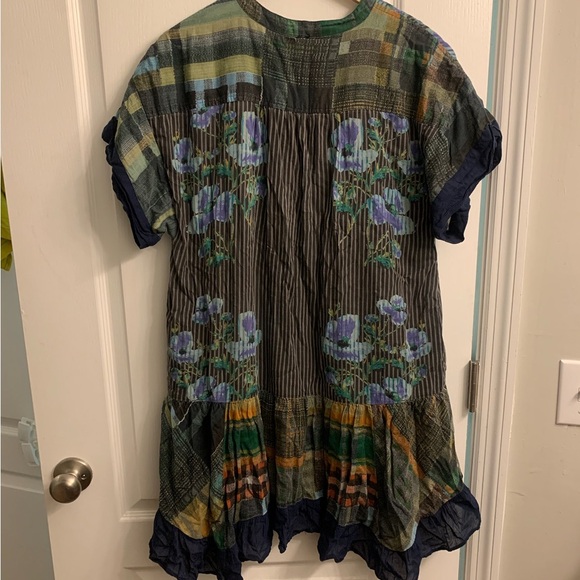 Free People Floral Plaid Printed Agnes V-Neck Swing Mini Dress Navy Blue Green - Picture 10 of 10